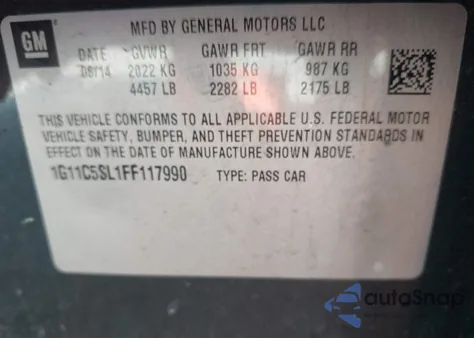 2015 Chevrolet Malibu 1Lt z USA, uszkodzony, nr VIN 1G11C5SL1FF117990